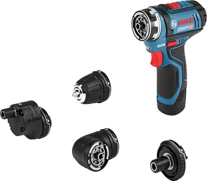 Conjunto de berbequim sem fio Bosch GSR 12V-15 FC com quatro acessórios.