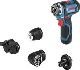 Conjunto de berbequim sem fio Bosch GSR 12V-15 FC com quatro acessórios.