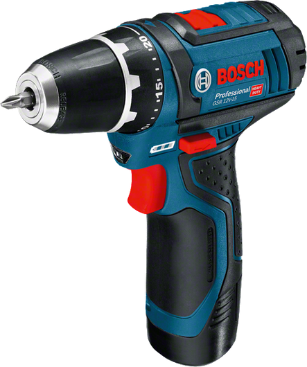 Berbequim e aparafusador sem fio Bosch GSR 12V-15 com punho ergonómico.