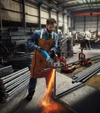 Uma pessoa que usa equipamento de segurança utiliza uma rebarbadora para cortar um cano de metal.