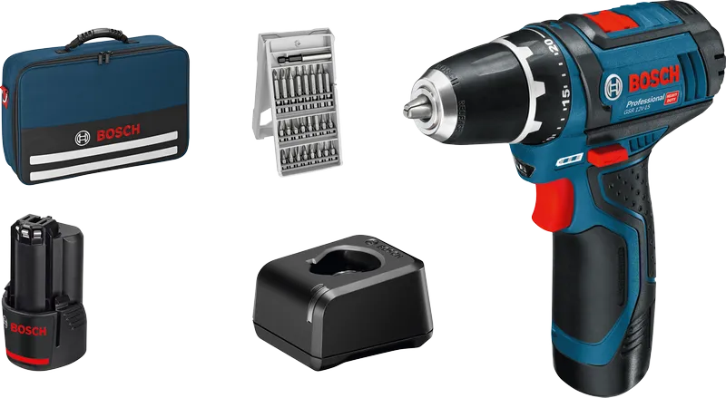 Conjunto de berbequim sem fio Bosch GSR 12V-15 com estojo e acessórios.