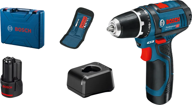 Conjunto de berbequim sem fio Bosch GSR 12V-15 com acessórios.