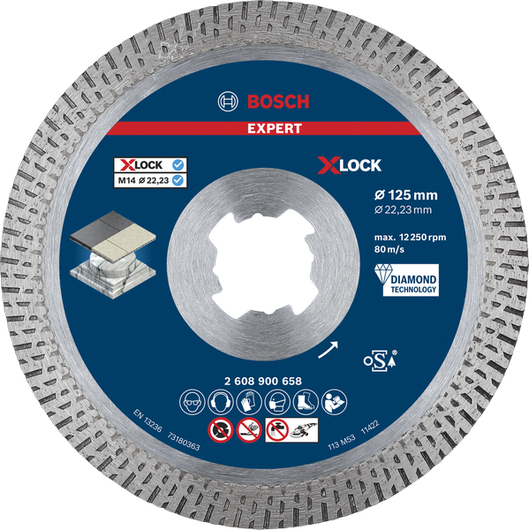Disco de corte diamantado Bosch EXPERT HardCeramic X-LOCK de 125 mm.