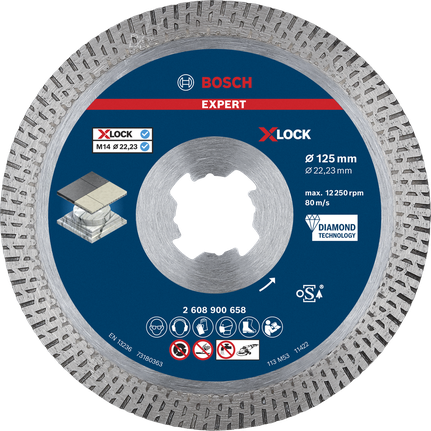 Disco de corte diamantado Bosch EXPERT HardCeramic X-LOCK de 125 mm.