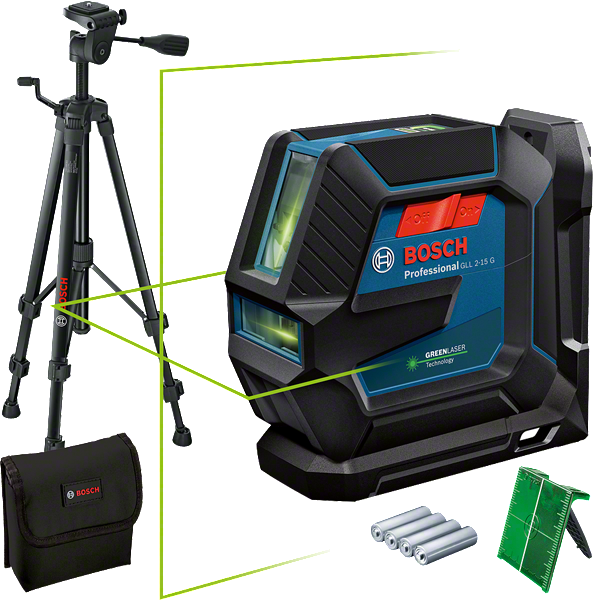 Ferramenta de nivelamento a laser Bosch GLL 2-15 G com tripé e acessórios.