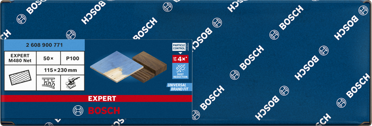 Rede de lixa Bosch EXPERT M480 115×230 mm P100, embalagem de 50 unidades.