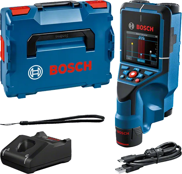 Digitalizador de parede Bosch D-Tect 200 C com visor e acessórios.