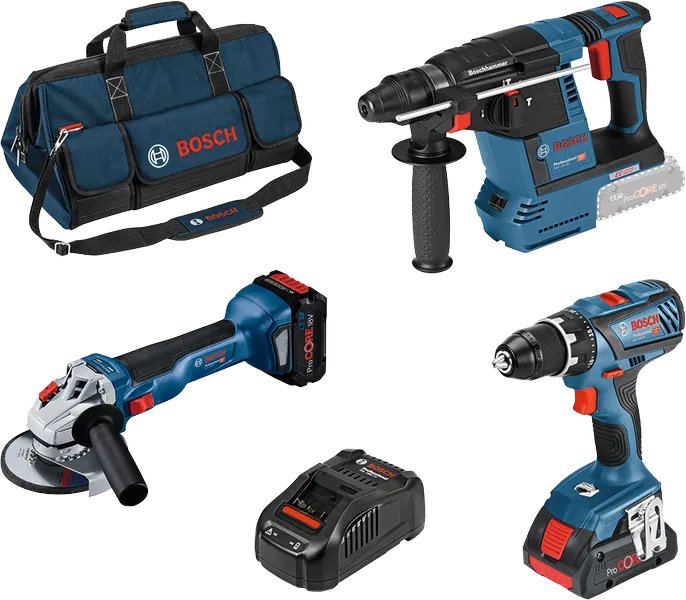 Kit combinado Bosch de 18 V com berbequim, martelo rotativo, rebarbadora, carregador e bolsa de ferramentas.