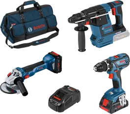 Kit combinado Bosch de 18 V com berbequim, martelo rotativo, rebarbadora, carregador e bolsa de ferramentas.