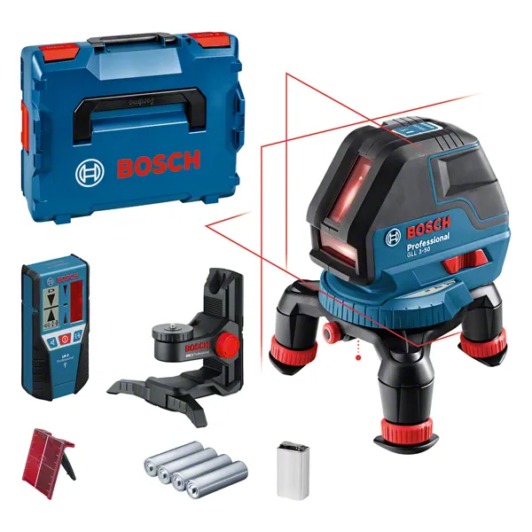Ferramenta de nivelamento a laser Bosch GLL 3-50 com tripé e estojo.