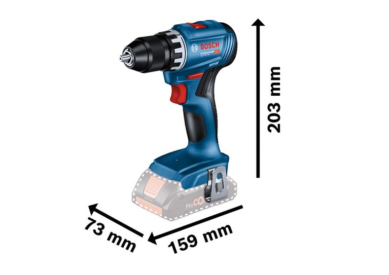 Berbequim sem fio Bosch GSR 18V-45, com 203 mm de altura.