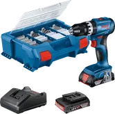 Conjunto de berbequim sem fio Bosch GSB 18V-45 com acessórios.