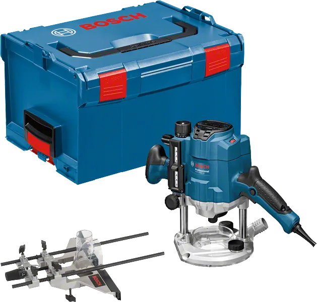 Fresadora Bosch GOF 1250 CE com caixa e guia paralela.