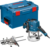 Fresadora Bosch GOF 1250 CE com caixa e guia paralela.