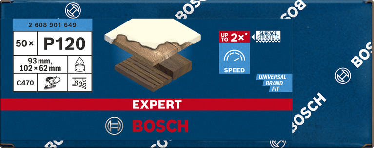 Lixa Bosch EXPERT C470 P120, embalagem de 50 unidades, para madeira.