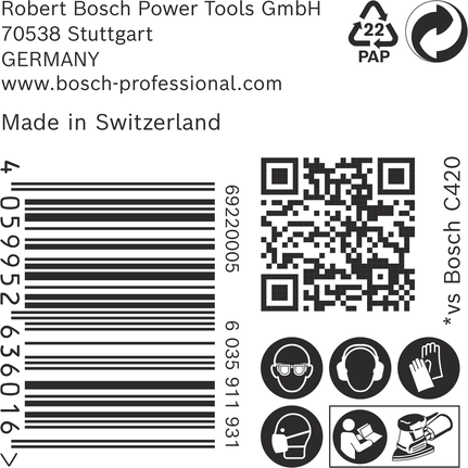 Etiqueta para lixa Bosch EXPERT C470 com código de barras e ícones de segurança.