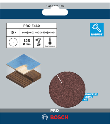 Folhas de lixa Bosch PRO F460 de 125 mm.