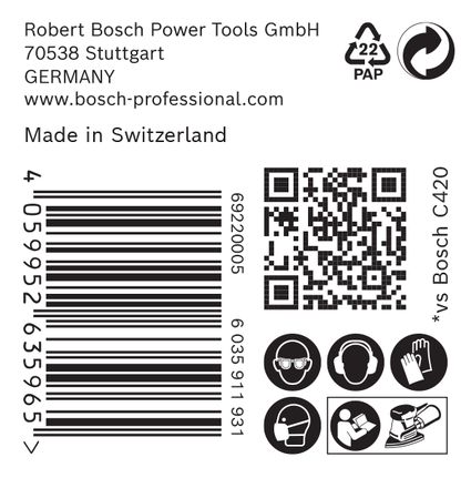 Etiqueta da lixa Bosch EXPERT C470 com ícones de segurança.