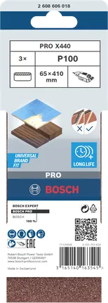 Lixa de cinta Bosch PRO X440 65 x 410 mm G100, embalagem de 3 unidades.