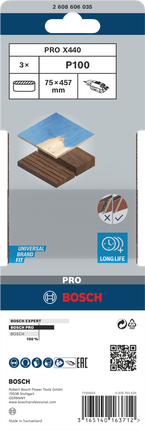 Lixa de cinta Bosch PRO X440 75 x 457 mm G100, embalagem de 3 unidades.