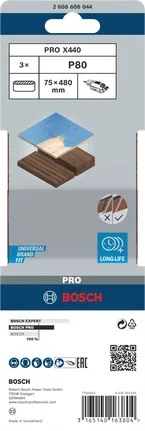 Lixa de cinta Bosch PRO X440 75 x 480 mm G80, embalagem de 3 unidades.