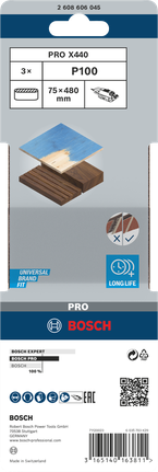 Lixa de cinta Bosch PRO X440 75 x 480 mm, embalagem de 100 unidades.