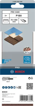 Lixa de cinta Bosch PRO X440 75x480 mm G180, embalagem de 3 unidades.