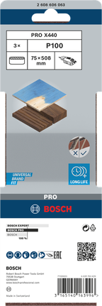 Lixa de cinta Bosch PRO X440 75 x 508 mm G100, embalagem de 3 unidades.