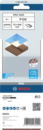 Lixa de cinta Bosch PRO X440 75 x 508 mm G120, embalagem de 3 unidades.