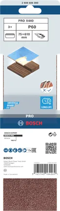 Lixa de cinta Bosch PRO X440 75x610mm G60, embalagem de 3 unidades.