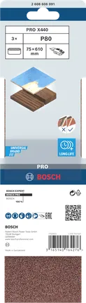 Lixa de cinta Bosch PRO X440, 75 x 610 mm, grão 80, embalagem de 3 unidades.