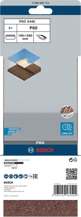 Lixa de cinta Bosch PRO X440 100x560 mm G60, embalagem de 3 unidades.