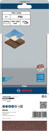 Lixa de cinta Bosch PRO X440 100x560mm G80, embalagem de 3 unidades.