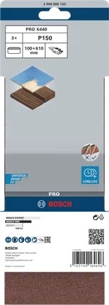 Lixa de cinta Bosch PRO X440 100x610mm G150, embalagem de 3 unidades.