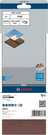 Lixa de cinta Bosch PRO X440 100x620mm G40, embalagem de 3 unidades.