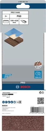 Lixa de cinta Bosch PRO X440 100 x 620 mm G60, embalagem de 3 unidades.
