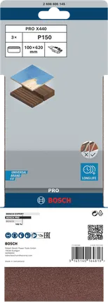 Lixa de correia Bosch PRO X440 100x620mm G150, embalagem de 3 unidades.