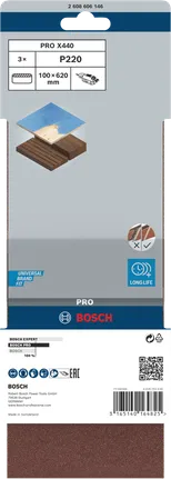Lixa de cinta Bosch PRO X440 100x620 mm P220, embalagem de 3 unidades.