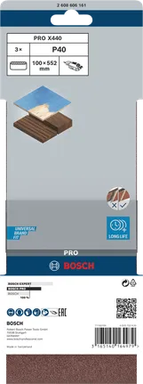 Lixa de cinta Bosch PRO X440, 100 x 552 mm, grão 40, embalagem de 3 unidades.