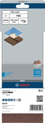 Lixa de cinta Bosch PRO X440 100x552mm G80, embalagem de 3 unidades.