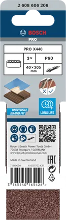 Lixa de cinta Bosch PRO X440 40x305mm G60, embalagem de 3 unidades.
