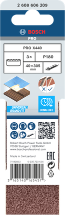Lixa de cinta Bosch PRO X440 40 x 305 mm P180, embalagem de 3 unidades.