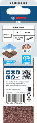 Lixa de cinta Bosch PRO X440 40x305mm P40, embalagem de 3 unidades.