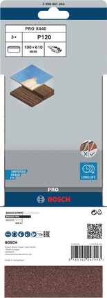 Lixa de cinta Bosch PRO X440 100 x 610 mm G120, embalagem de 3 unidades.