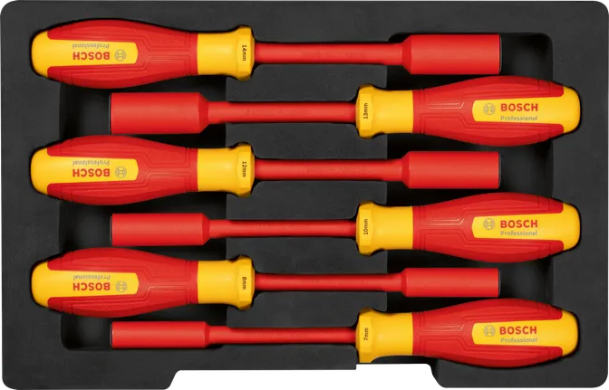 Jogo de chaves de caixa Bosch VDE com 6 peças para trabalhos elétricos.