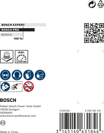 Escova tipo copo em aço inoxidável Bosch PRO, 65 mm, para rebarbadoras angulares.