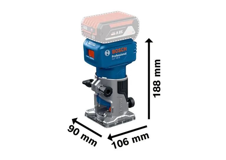 Fresadora Bosch GLF 18V-8 com dimensões compactas.