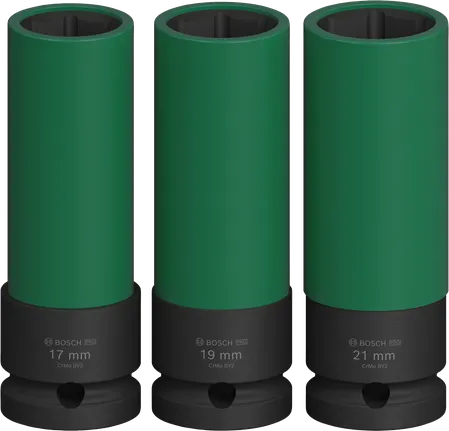 Jogo de chaves de caixa de impacto Bosch PRO extra profundas de 17, 19, 21 mm.