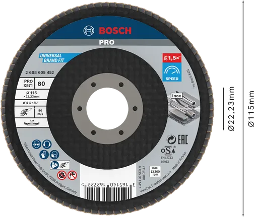 Disco de aba angular Bosch PRO X571 115 mm G80 para metal.