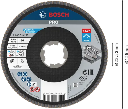 Disco de lixa Bosch PRO X571 Flap 125 mm G80 X-Lock angular.